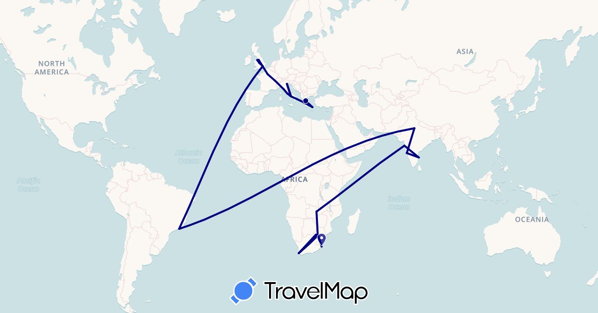 TravelMap itinerary: driving in Brazil, France, United Kingdom, Greece, India, Italy, South Africa, Zambia (Africa, Asia, Europe, South America)
